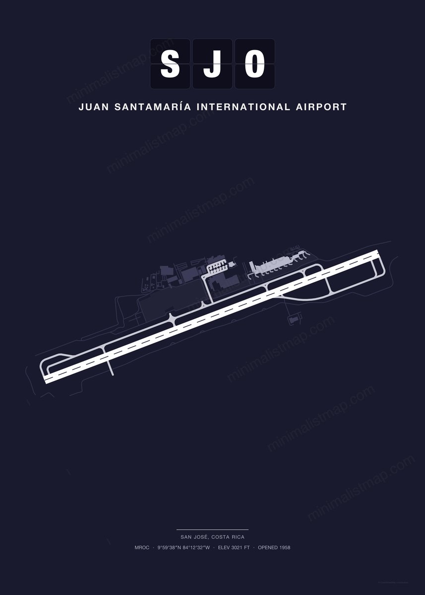 SJO Juan Santamaría International Airport map poster, Dark style, minimalist navy airport map