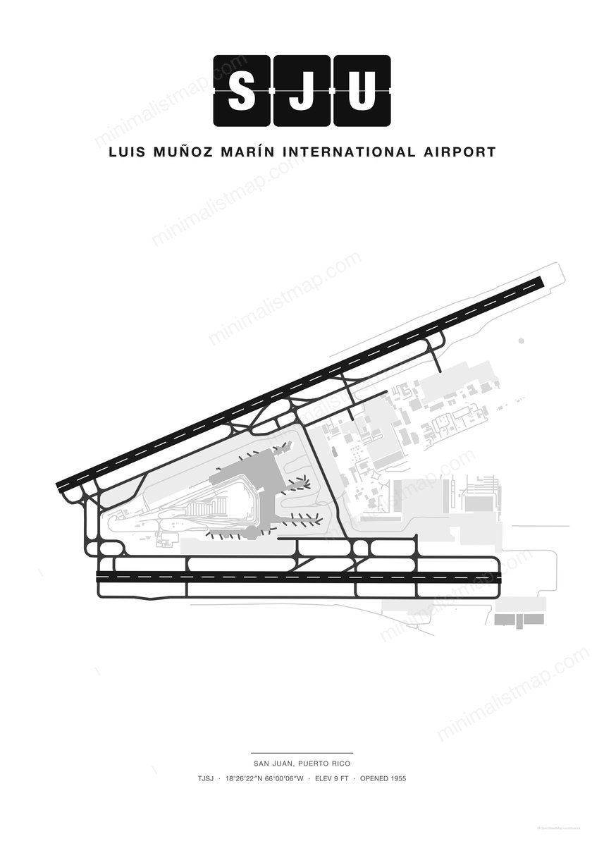 SJU Luis Muñoz Marín International Airport map poster, Classic style, minimalist black and white airport map