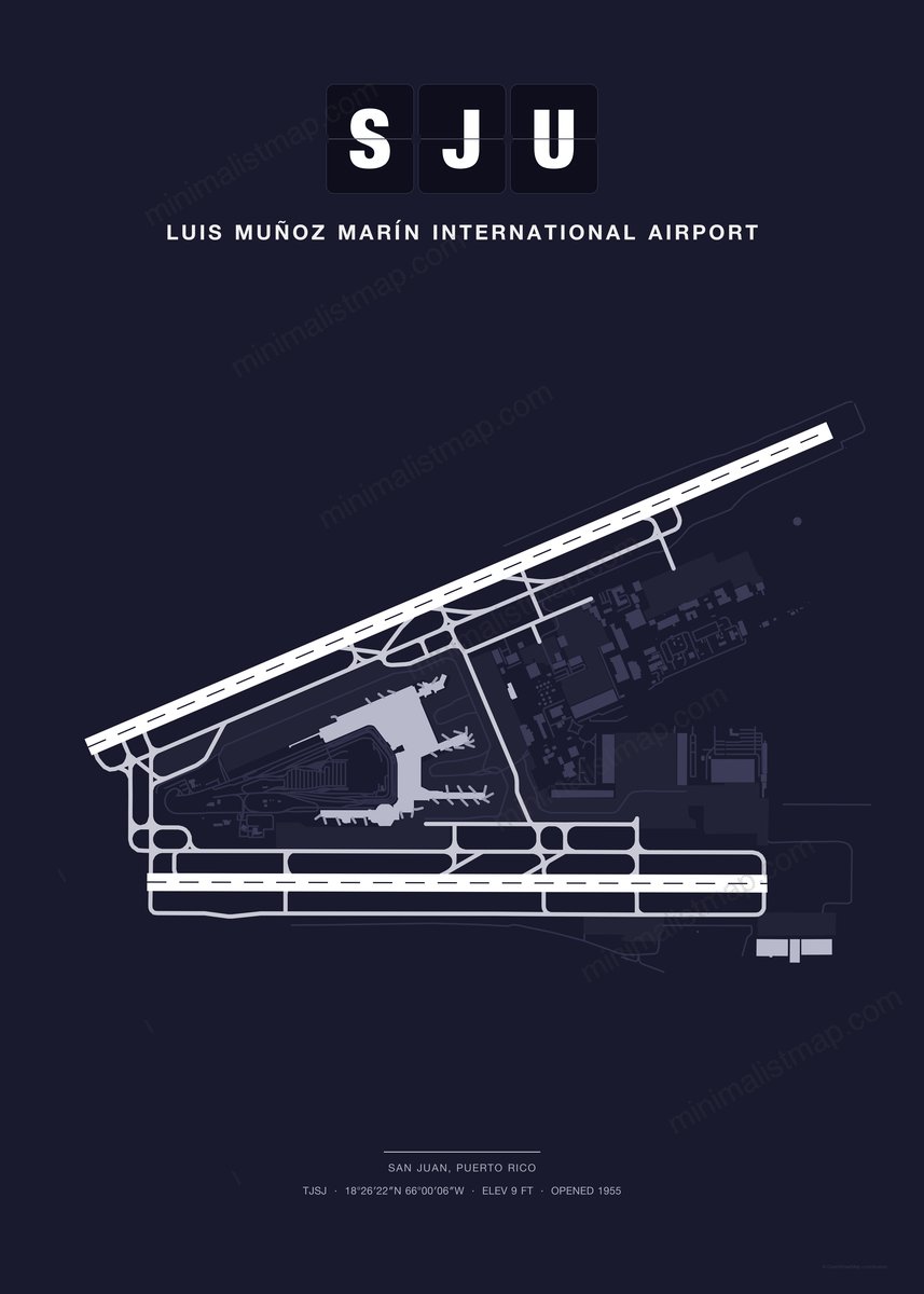 SJU Luis Muñoz Marín International Airport map poster, Dark style, minimalist navy airport map