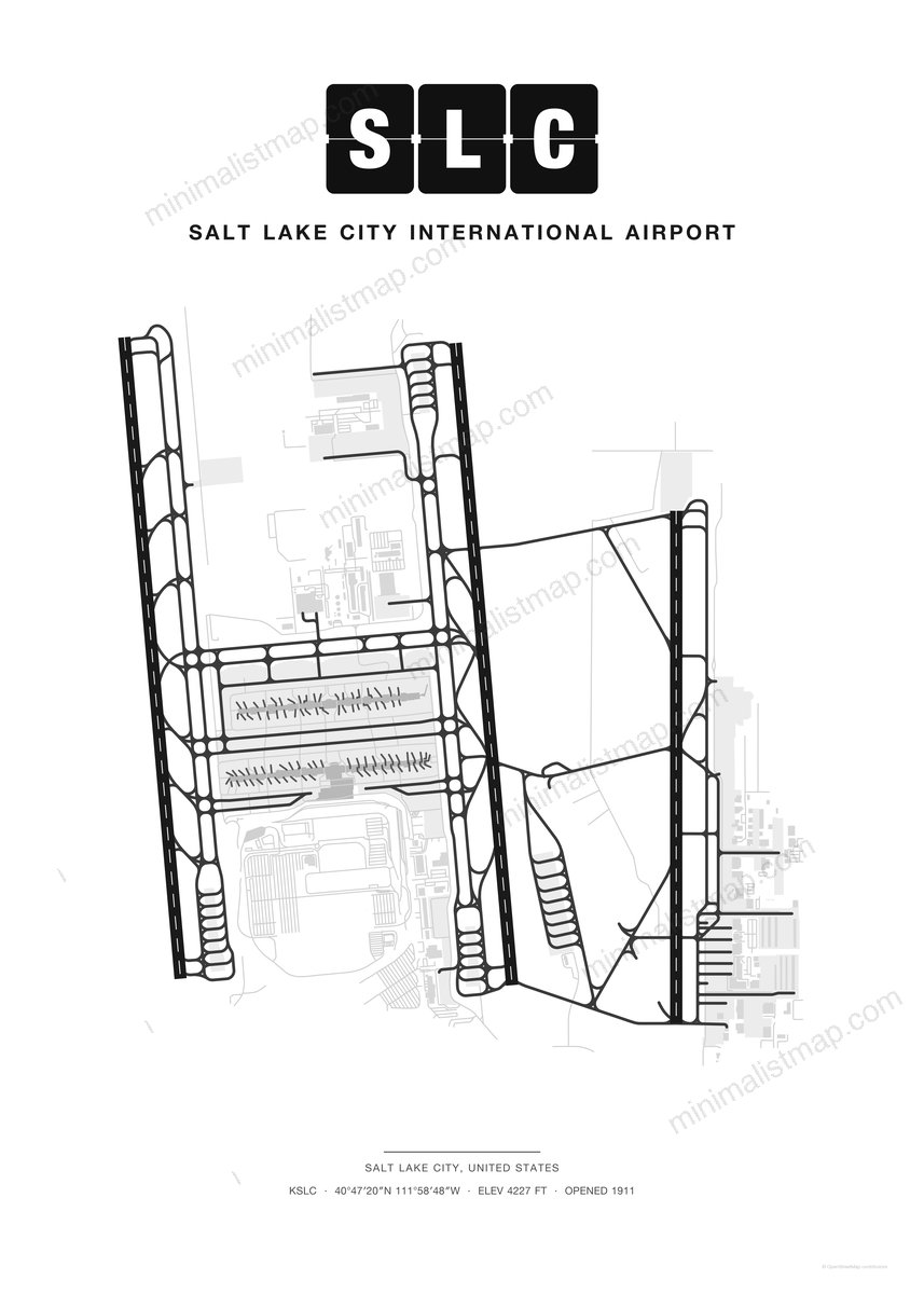 SLC Salt Lake City International Airport map poster, Classic style, minimalist black and white airport map