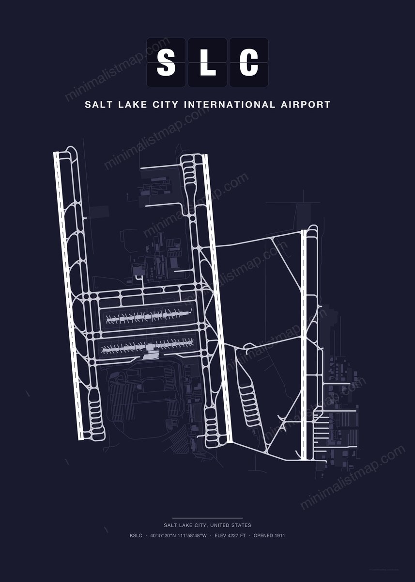 SLC Salt Lake City International Airport map poster, Dark style, minimalist navy airport map