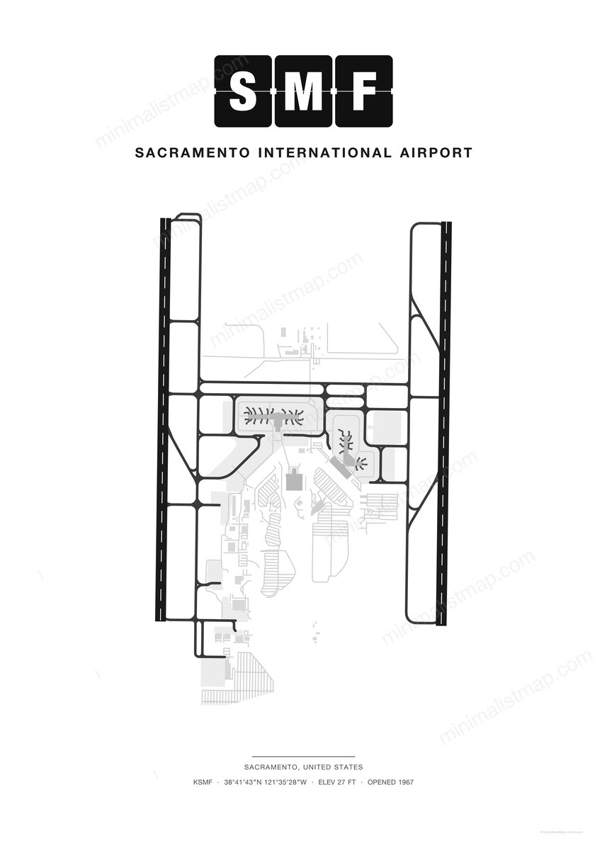 SMF Sacramento International Airport map poster, Classic style, minimalist black and white airport map