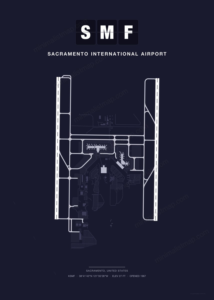 SMF Sacramento International Airport map poster, Dark style, minimalist navy airport map