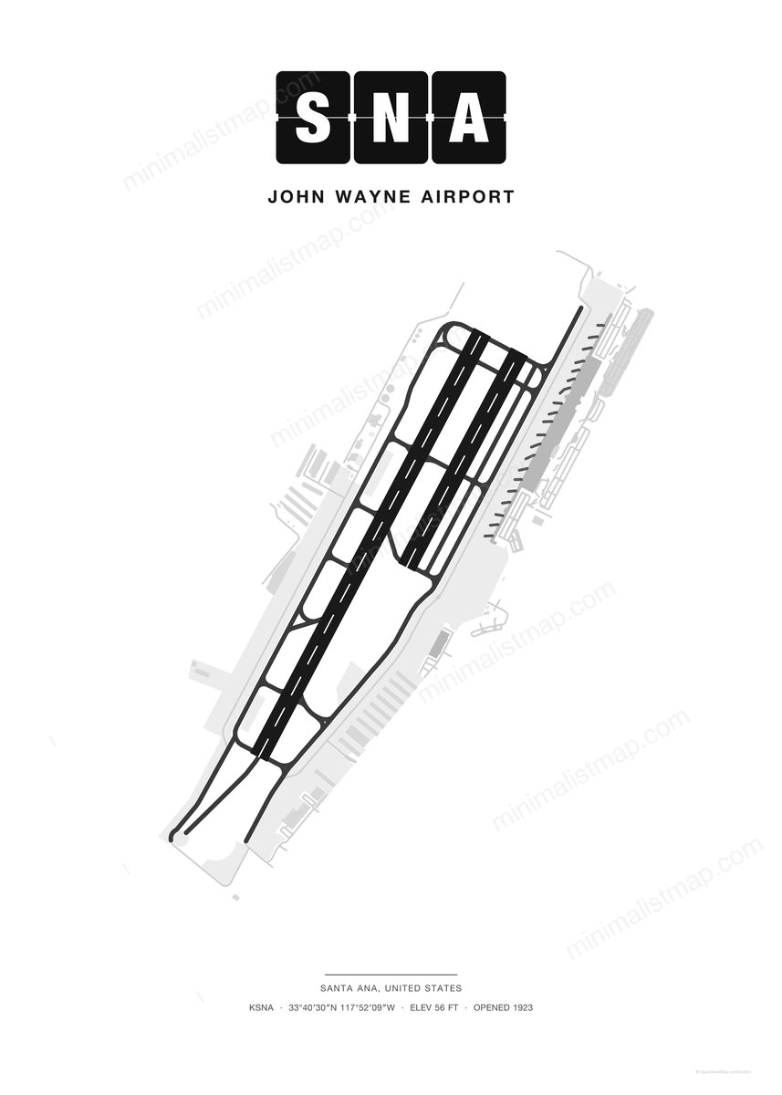 SNA John Wayne Airport map poster, Classic style, minimalist black and white airport map