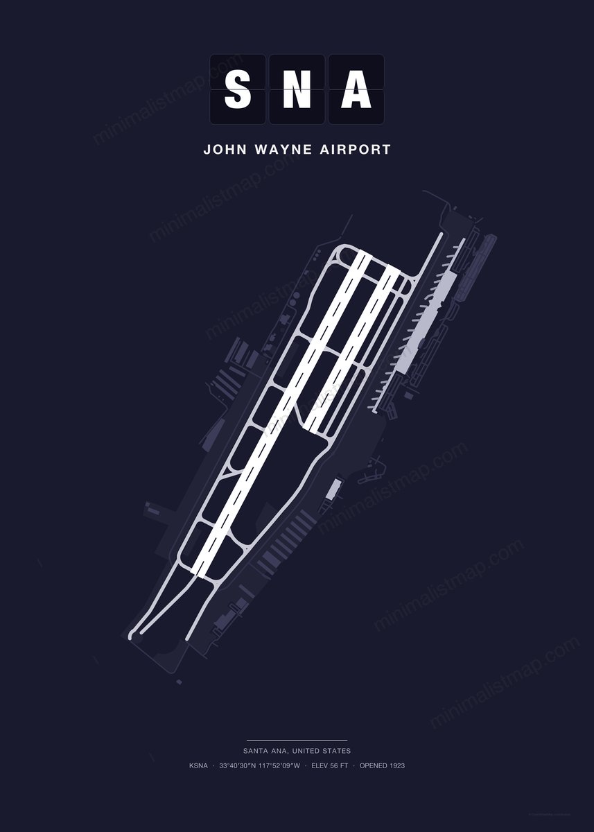 SNA John Wayne Airport map poster, Dark style, minimalist navy airport map