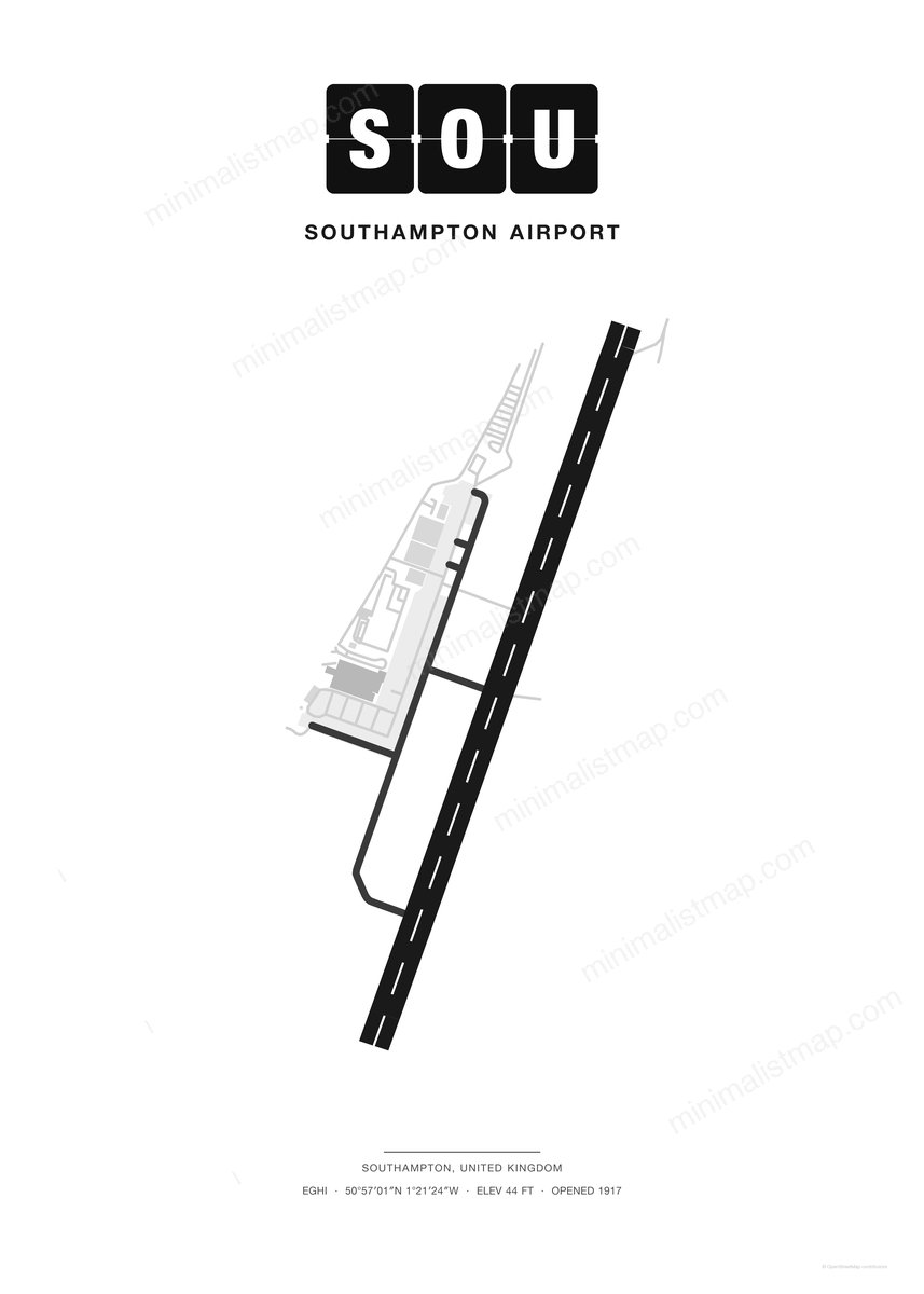 SOU Southampton Airport map poster, Classic style, minimalist black and white airport map