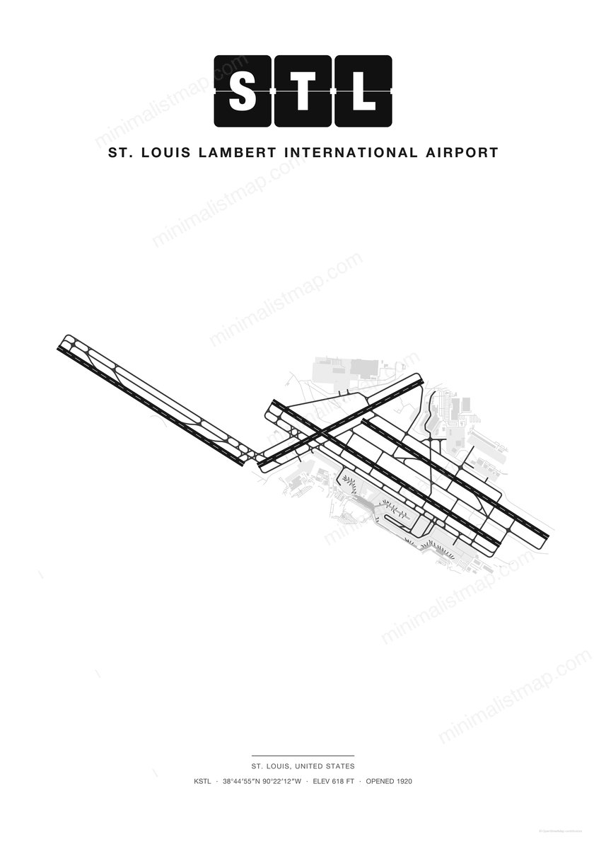 STL St. Louis Lambert International Airport map poster, Classic style, minimalist black and white airport map