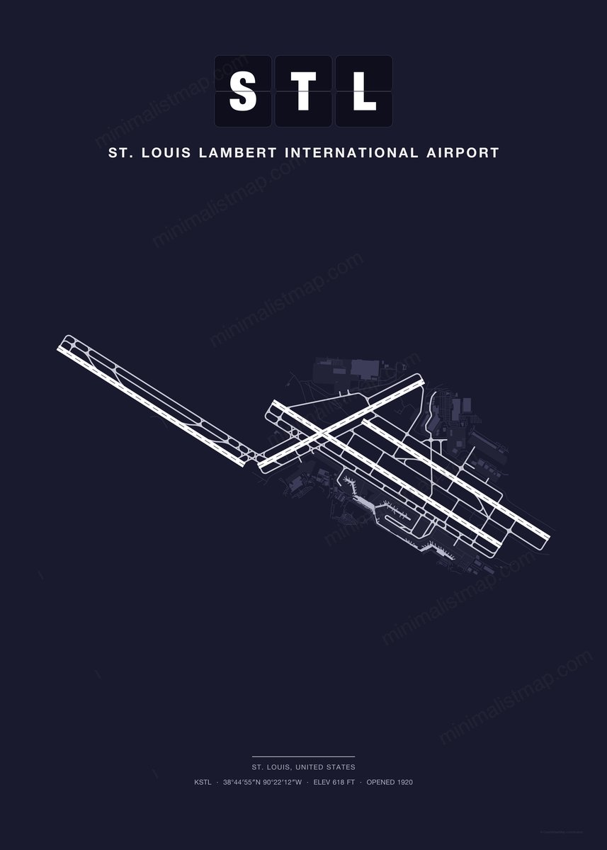 STL St. Louis Lambert International Airport map poster, Dark style, minimalist navy airport map