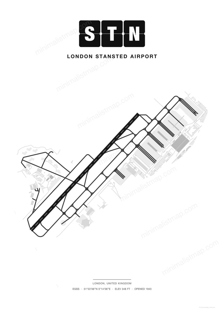 STN London Stansted Airport map poster, Classic style, minimalist black and white airport map