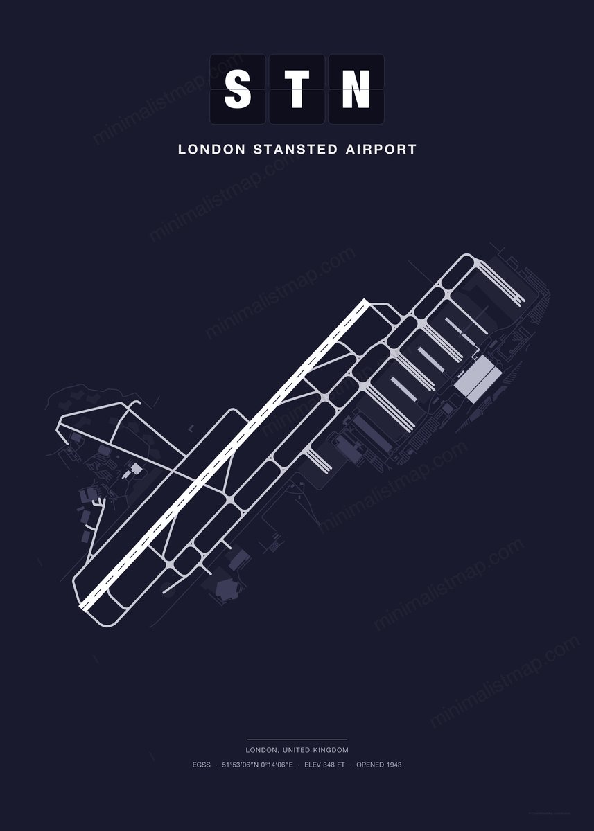 STN London Stansted Airport map poster, Dark style, minimalist navy airport map