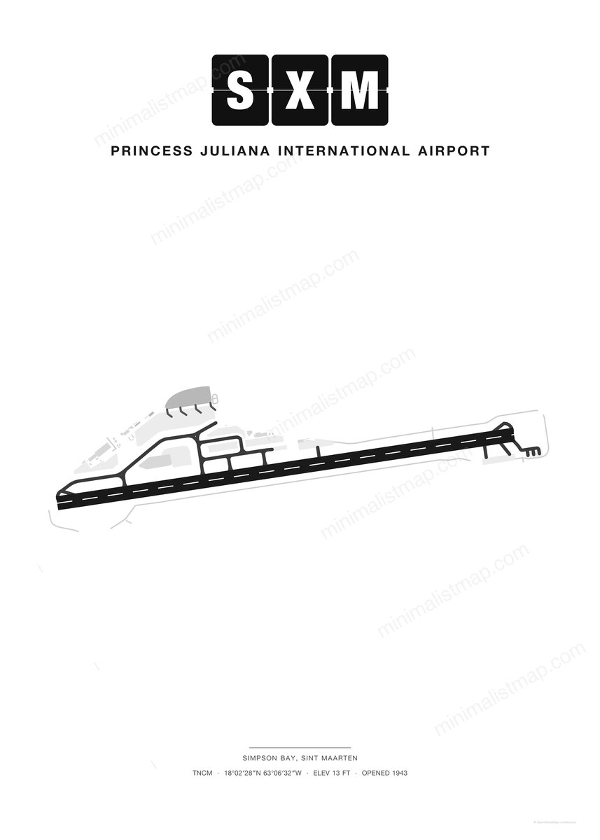 SXM Princess Juliana International Airport map poster, Classic style, minimalist black and white airport map