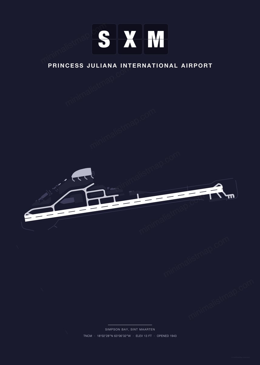 SXM Princess Juliana International Airport map poster, Dark style, minimalist navy airport map
