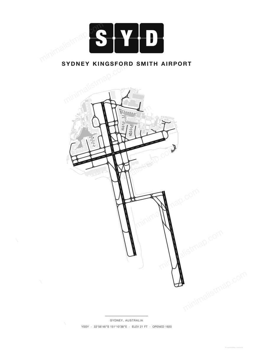SYD Sydney Kingsford Smith Airport map poster, Classic style, minimalist black and white airport map