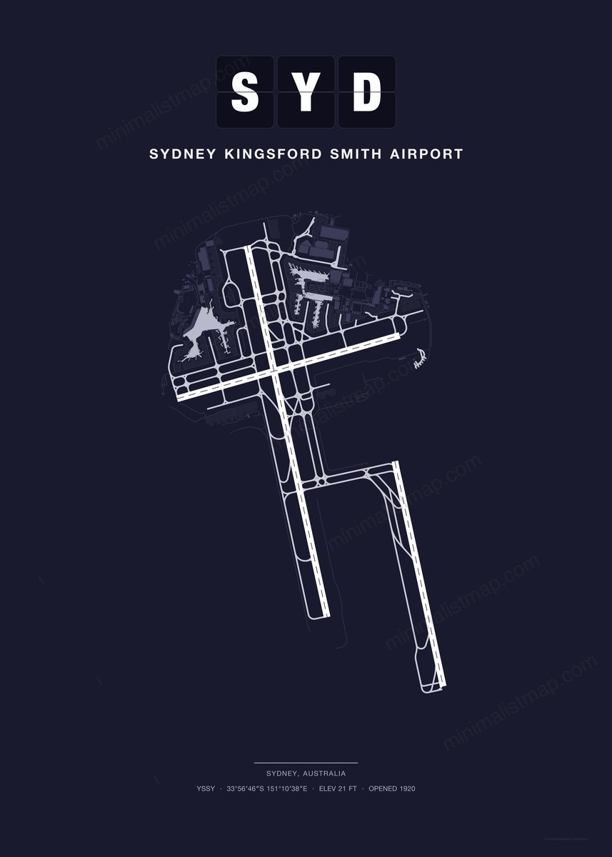 SYD Sydney Kingsford Smith Airport map poster, Dark style, minimalist navy airport map