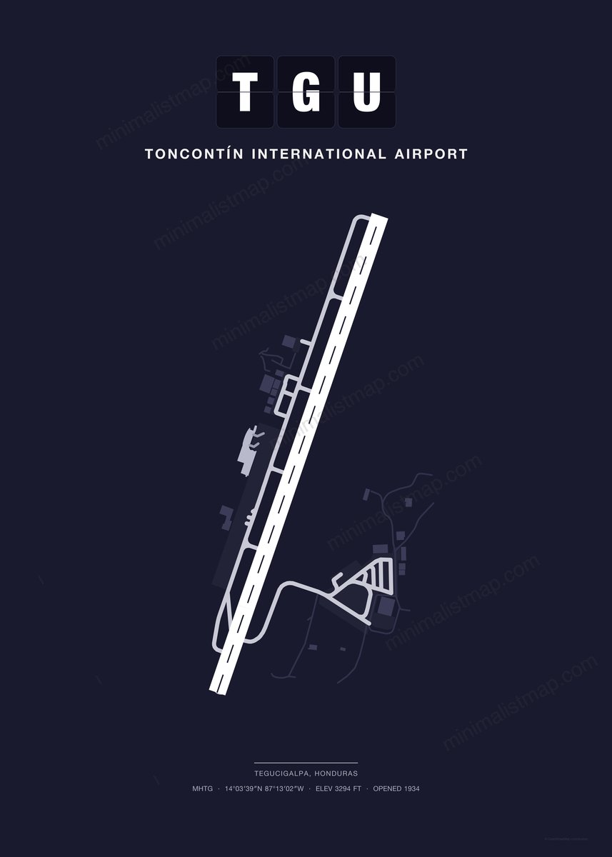 TGU Toncontín International Airport map poster, Dark style, minimalist navy airport map
