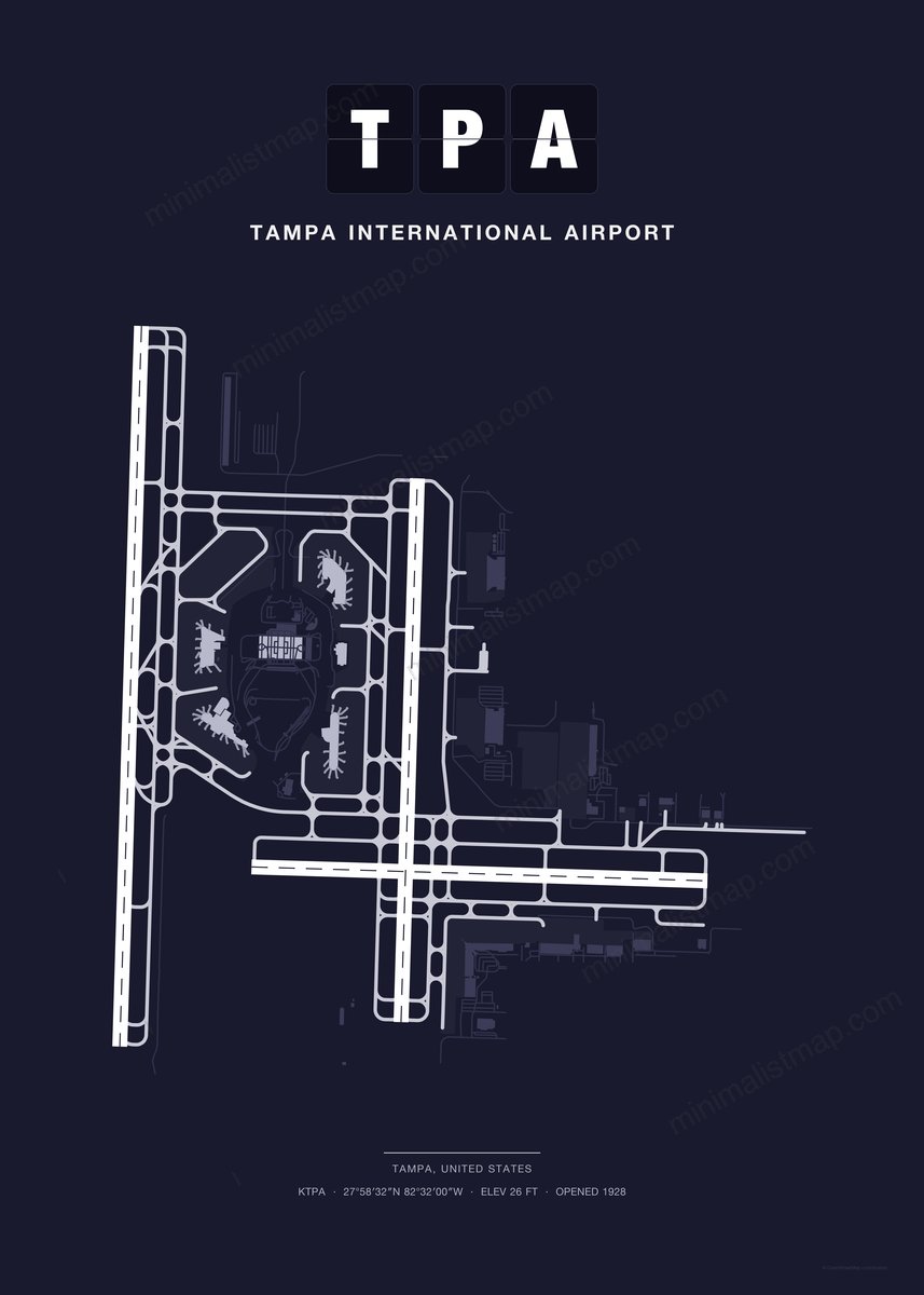 TPA Tampa International Airport map poster, Dark style, minimalist navy airport map