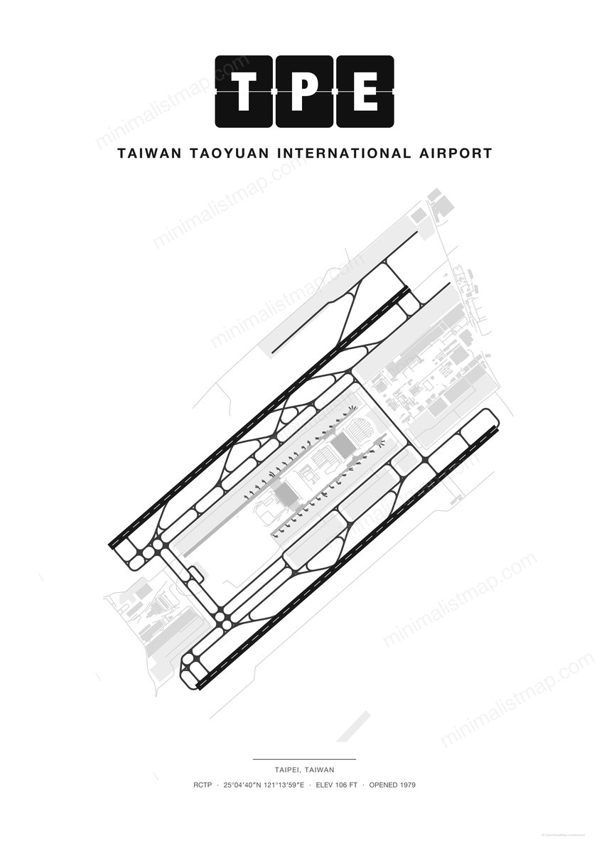 TPE Taiwan Taoyuan International Airport map poster, Classic style, minimalist black and white airport map