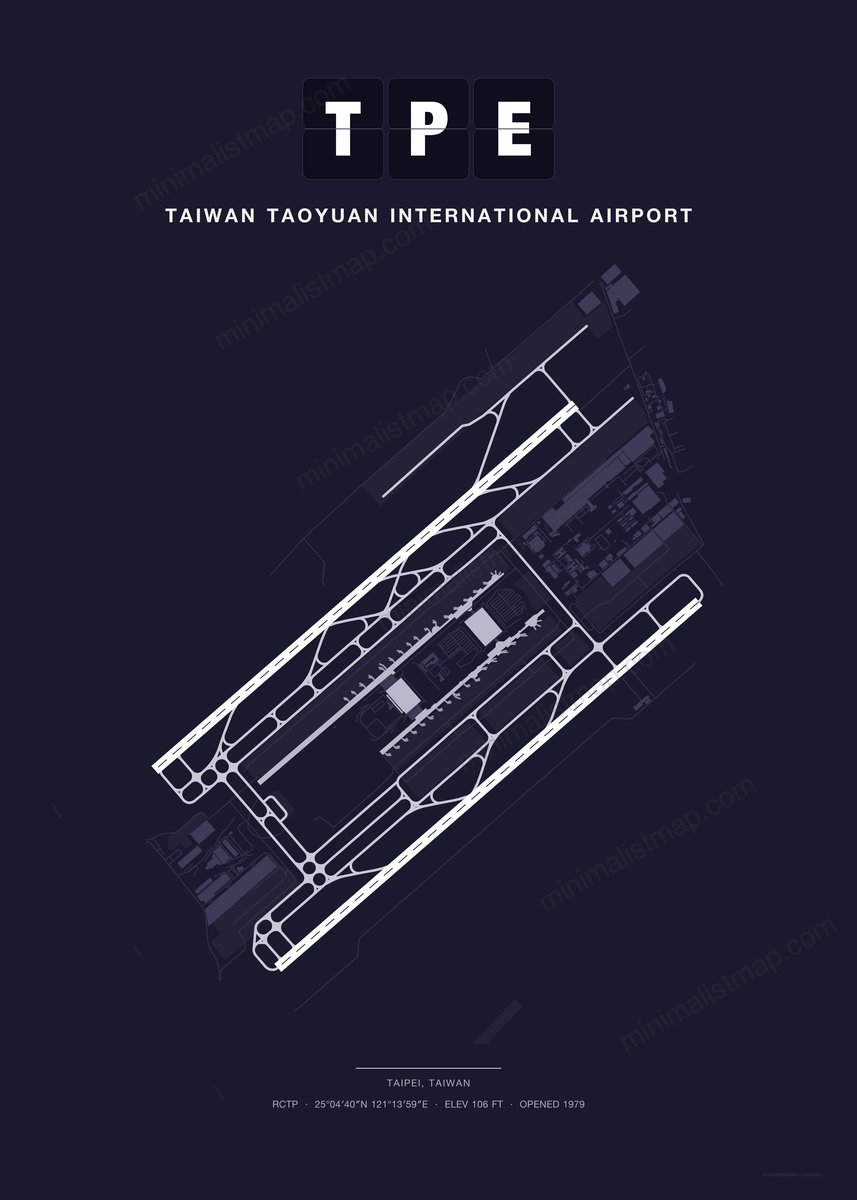 TPE Taiwan Taoyuan International Airport map poster, Dark style, minimalist navy airport map