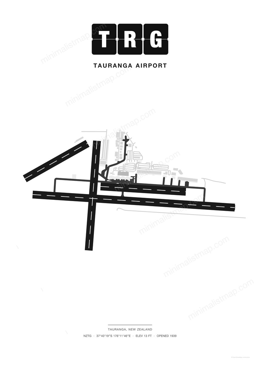 TRG Tauranga Airport map poster, Classic style, minimalist black and white airport map