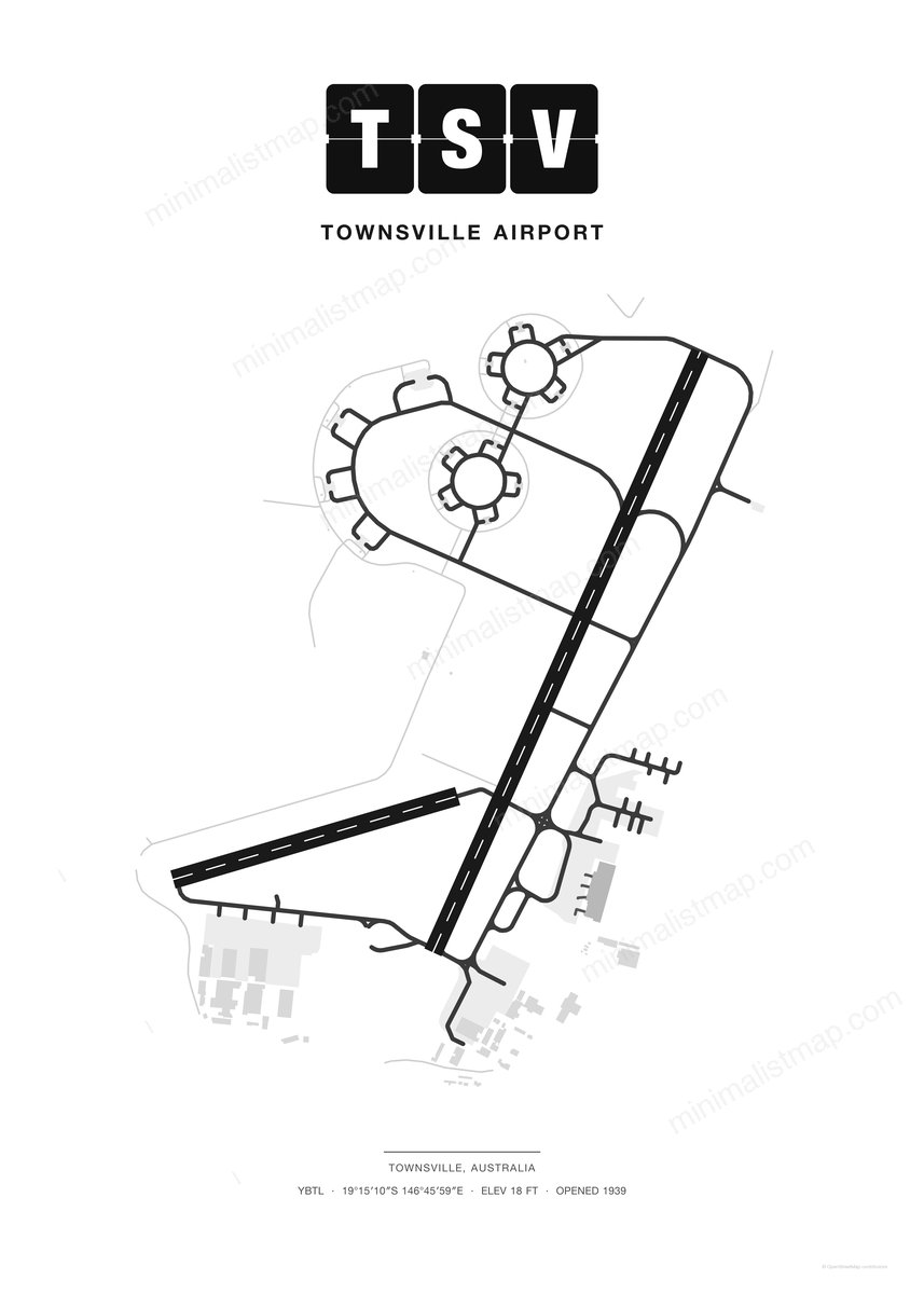 TSV Townsville Airport map poster, Classic style, minimalist black and white airport map