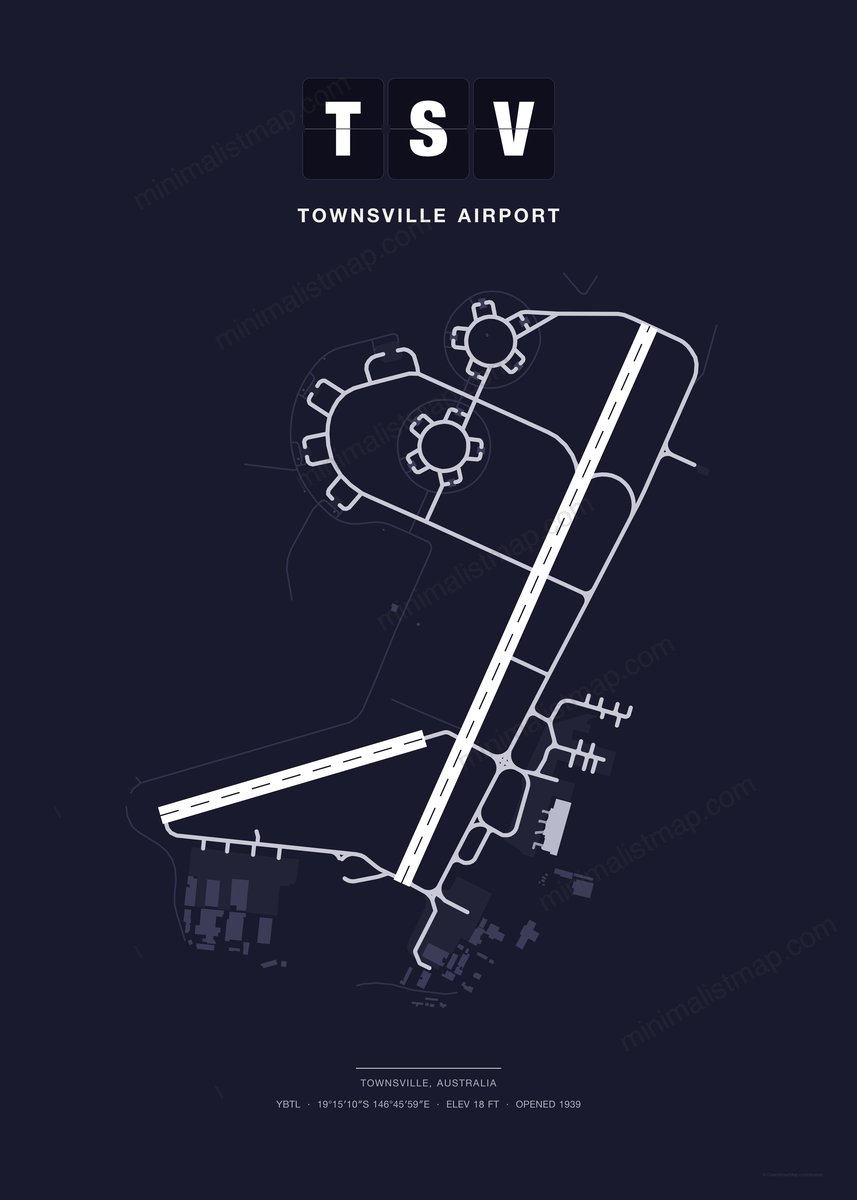 TSV Townsville Airport map poster, Dark style, minimalist navy airport map