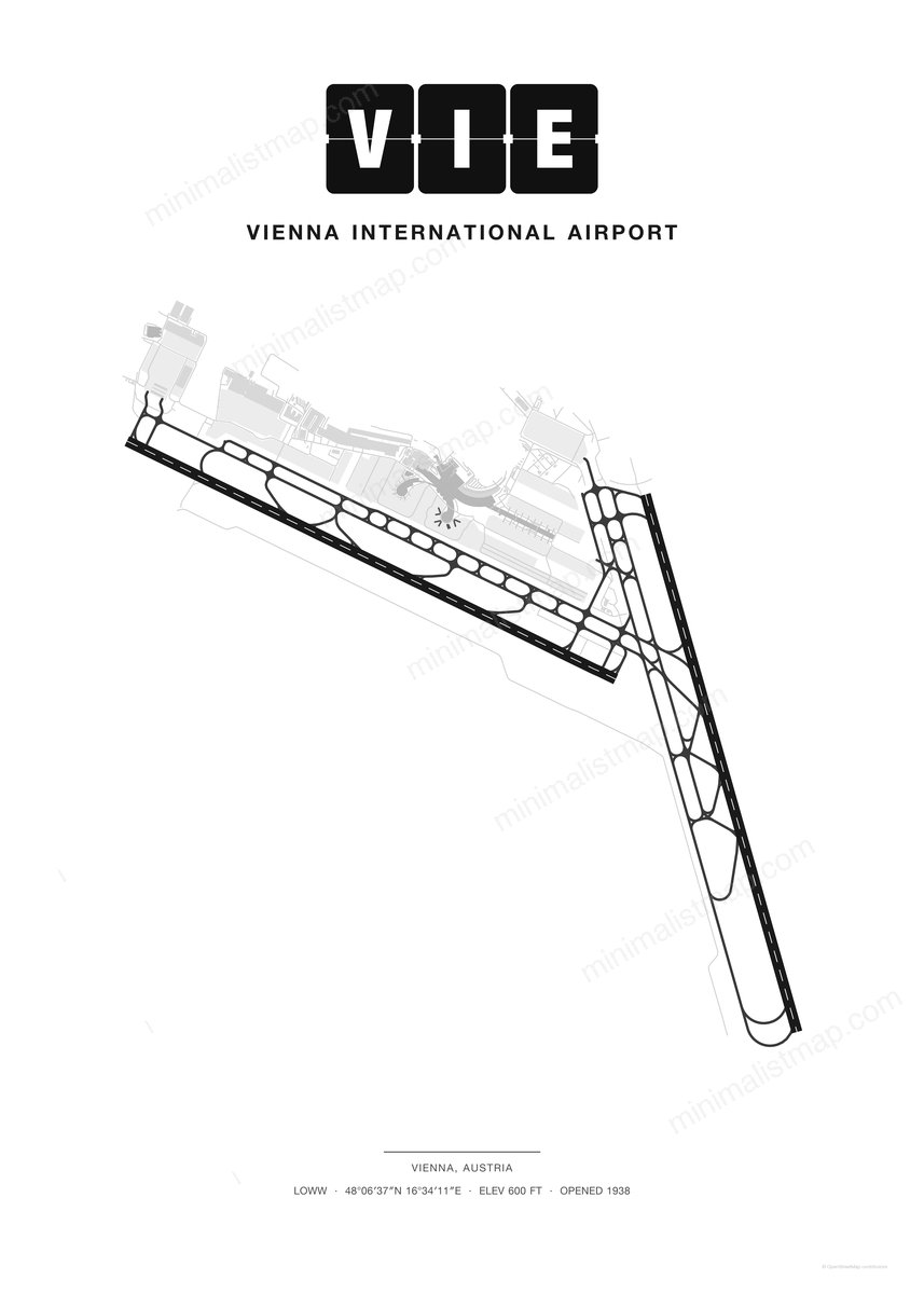 VIE Vienna International Airport map poster, Classic style, minimalist black and white airport map