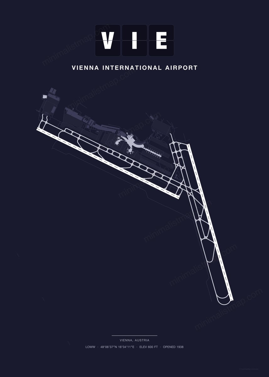 VIE Vienna International Airport map poster, Dark style, minimalist navy airport map