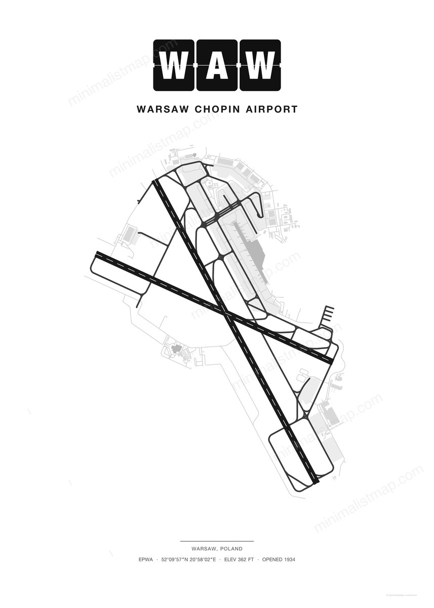 WAW Warsaw Chopin Airport map poster, Classic style, minimalist black and white airport map