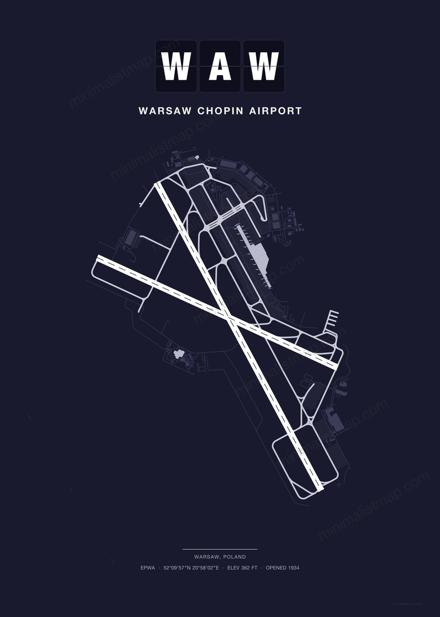 WAW Warsaw Chopin Airport map poster, Dark style, minimalist navy airport map