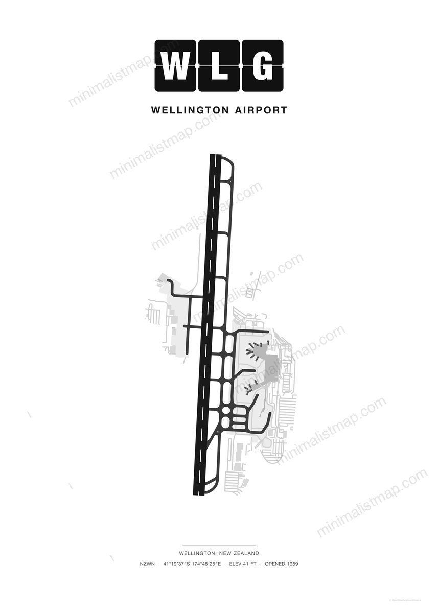 WLG Wellington Airport map poster, Classic style, minimalist black and white airport map
