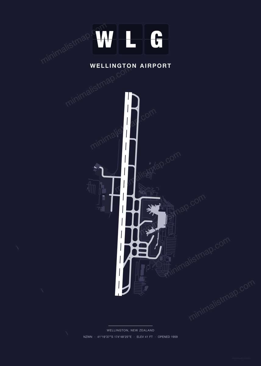WLG Wellington Airport map poster, Dark style, minimalist navy airport map