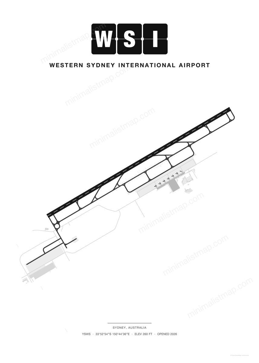 WSI Western Sydney International Airport map poster, Classic style, minimalist black and white airport map