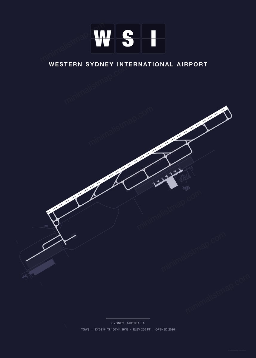WSI Western Sydney International Airport map poster, Dark style, minimalist navy airport map