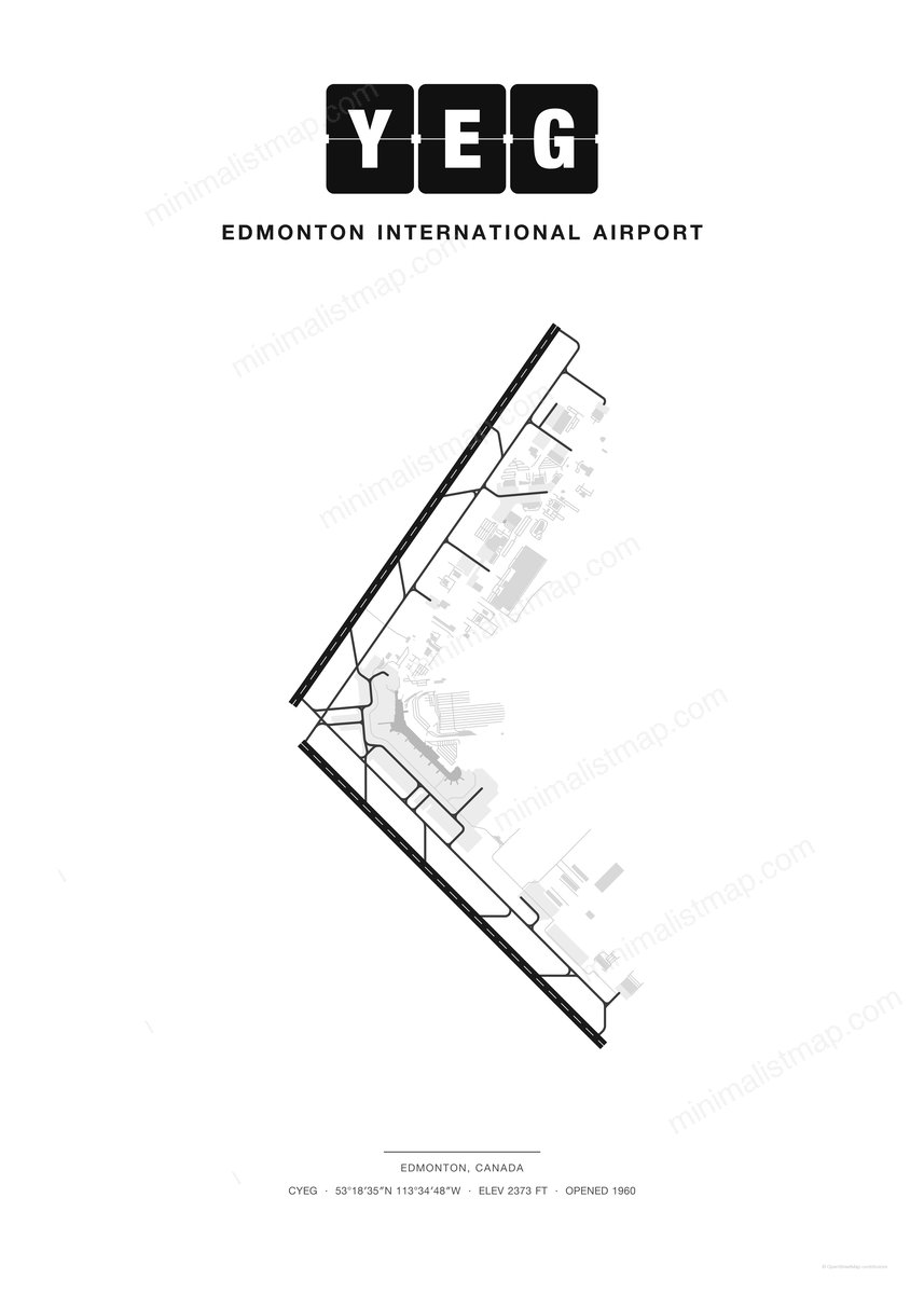 YEG Edmonton International Airport map poster, Classic style, minimalist black and white airport map