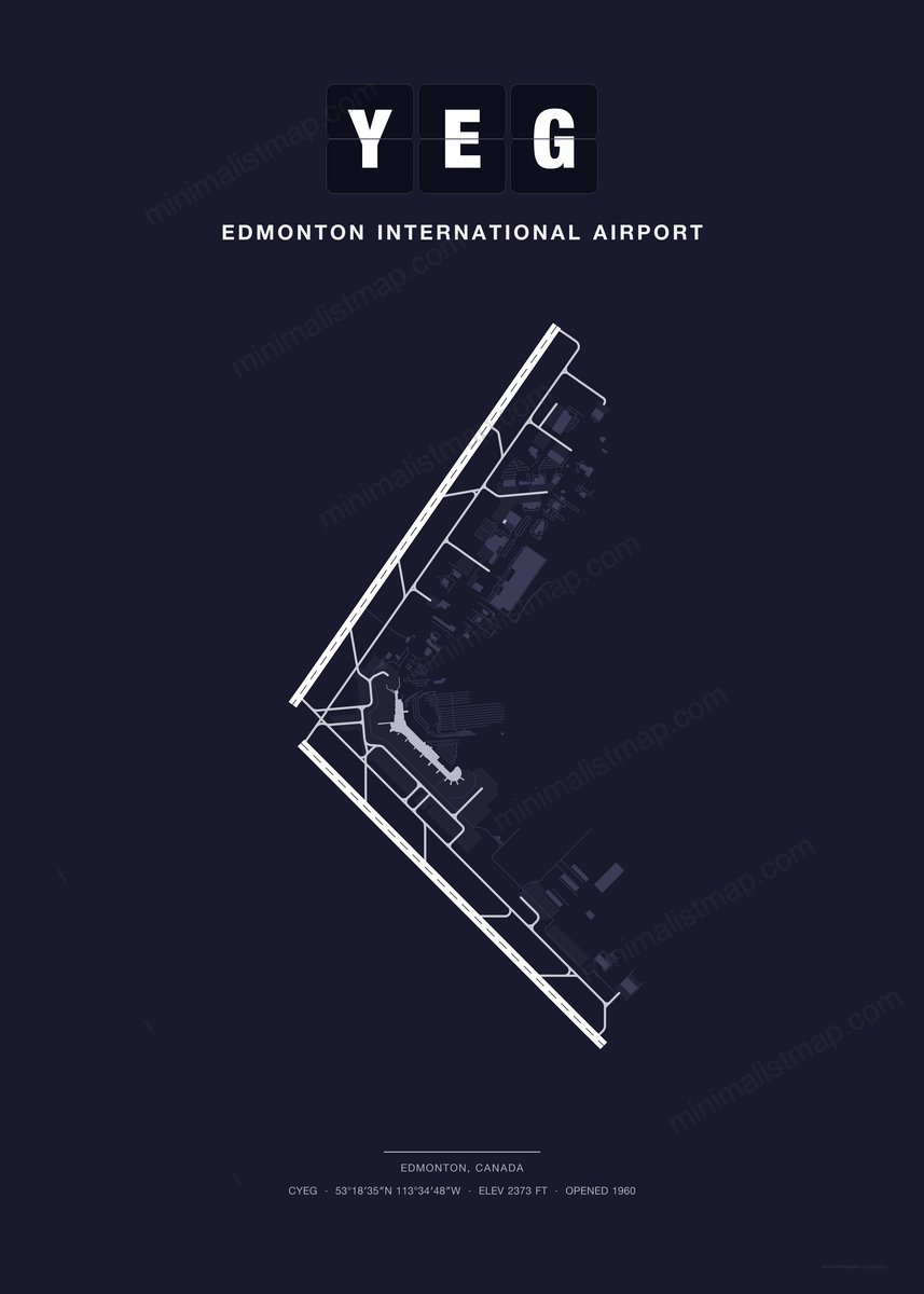 YEG Edmonton International Airport map poster, Dark style, minimalist navy airport map
