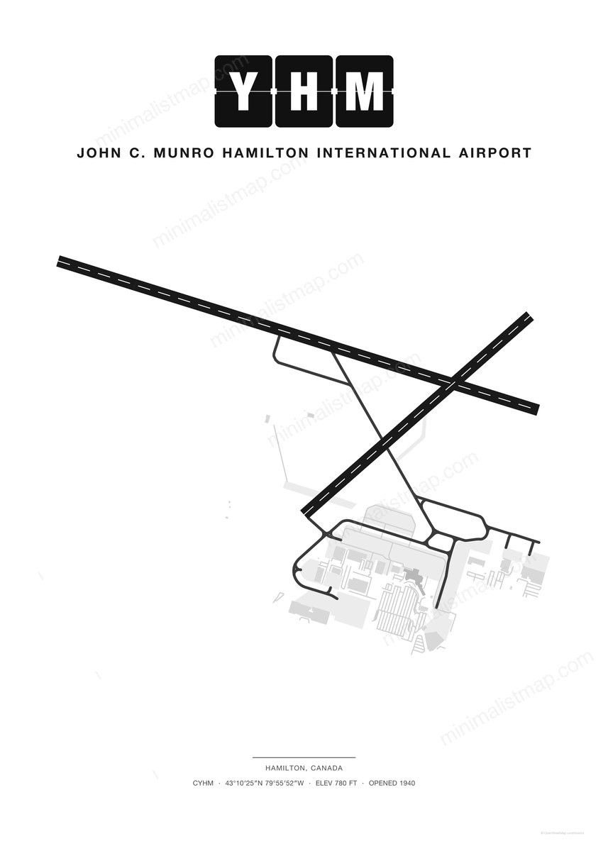 YHM John C. Munro Hamilton International Airport map poster, Classic style, minimalist black and white airport map