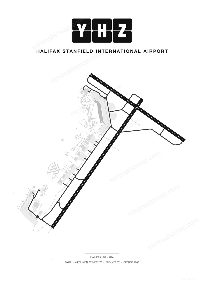 YHZ Halifax Stanfield International Airport map poster, Classic style, minimalist black and white airport map