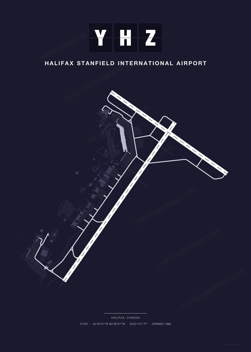 YHZ Halifax Stanfield International Airport map poster, Dark style, minimalist navy airport map