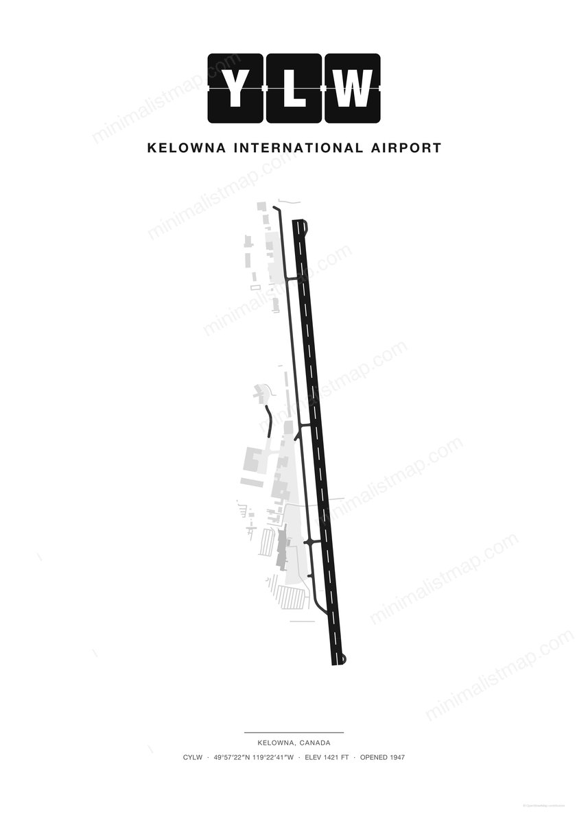YLW Kelowna International Airport map poster, Classic style, minimalist black and white airport map