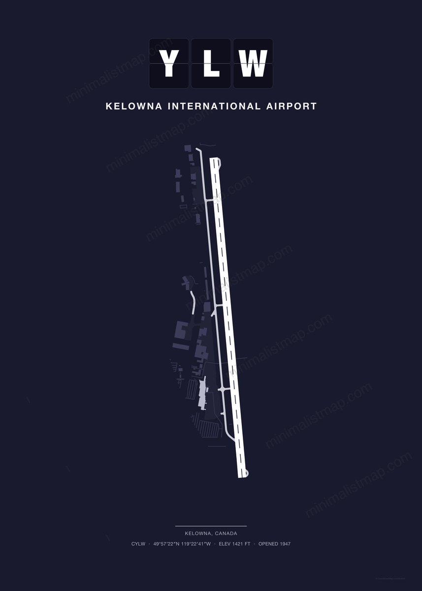 YLW Kelowna International Airport map poster, Dark style, minimalist navy airport map