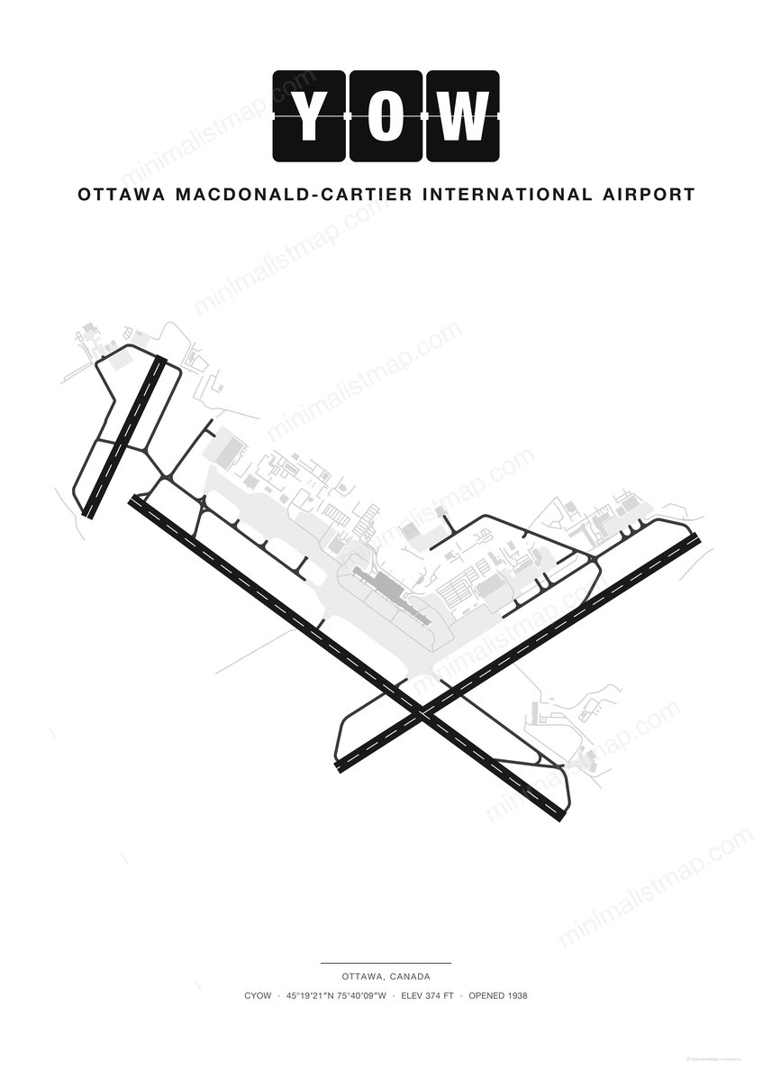 YOW Ottawa Macdonald-Cartier International Airport map poster, Classic style, minimalist black and white airport map