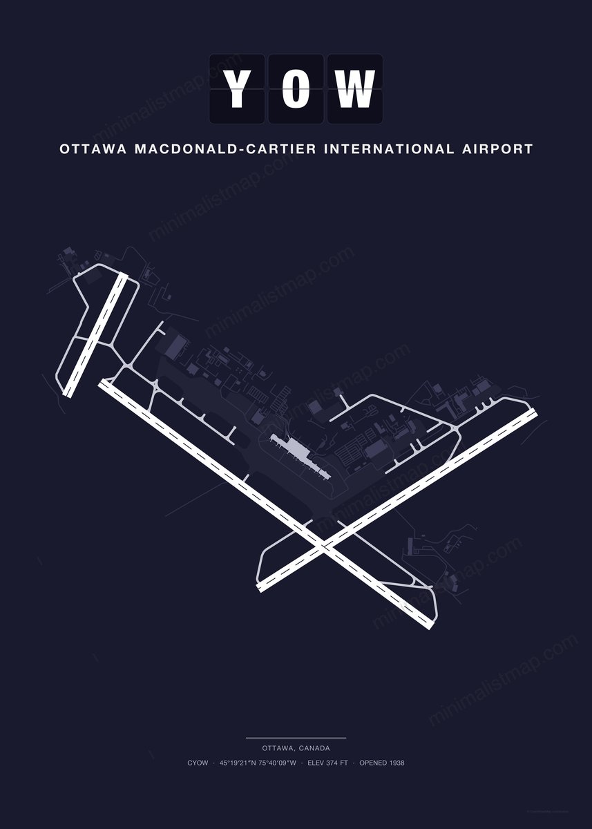 YOW Ottawa Macdonald-Cartier International Airport map poster, Dark style, minimalist navy airport map