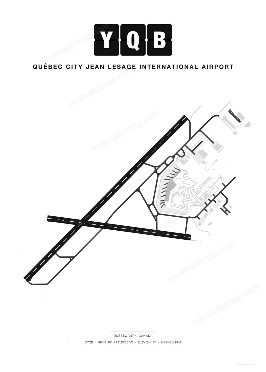 YQB Québec City Jean Lesage International Airport map poster, Classic style, minimalist black and white airport map