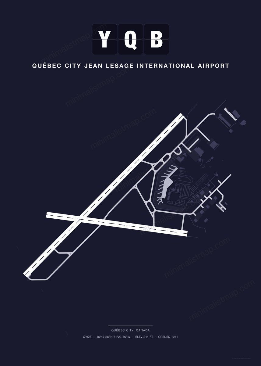YQB Québec City Jean Lesage International Airport map poster, Dark style, minimalist navy airport map