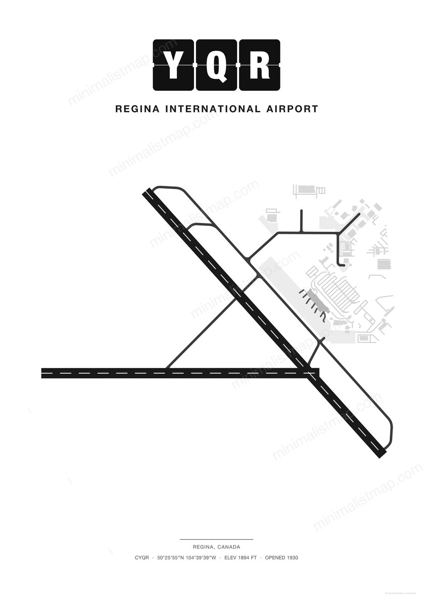 YQR Regina International Airport map poster, Classic style, minimalist black and white airport map