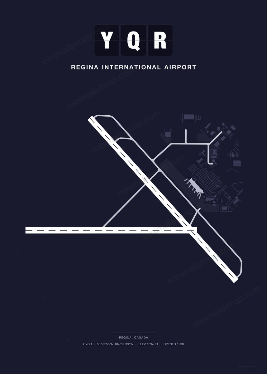 YQR Regina International Airport map poster, Dark style, minimalist navy airport map