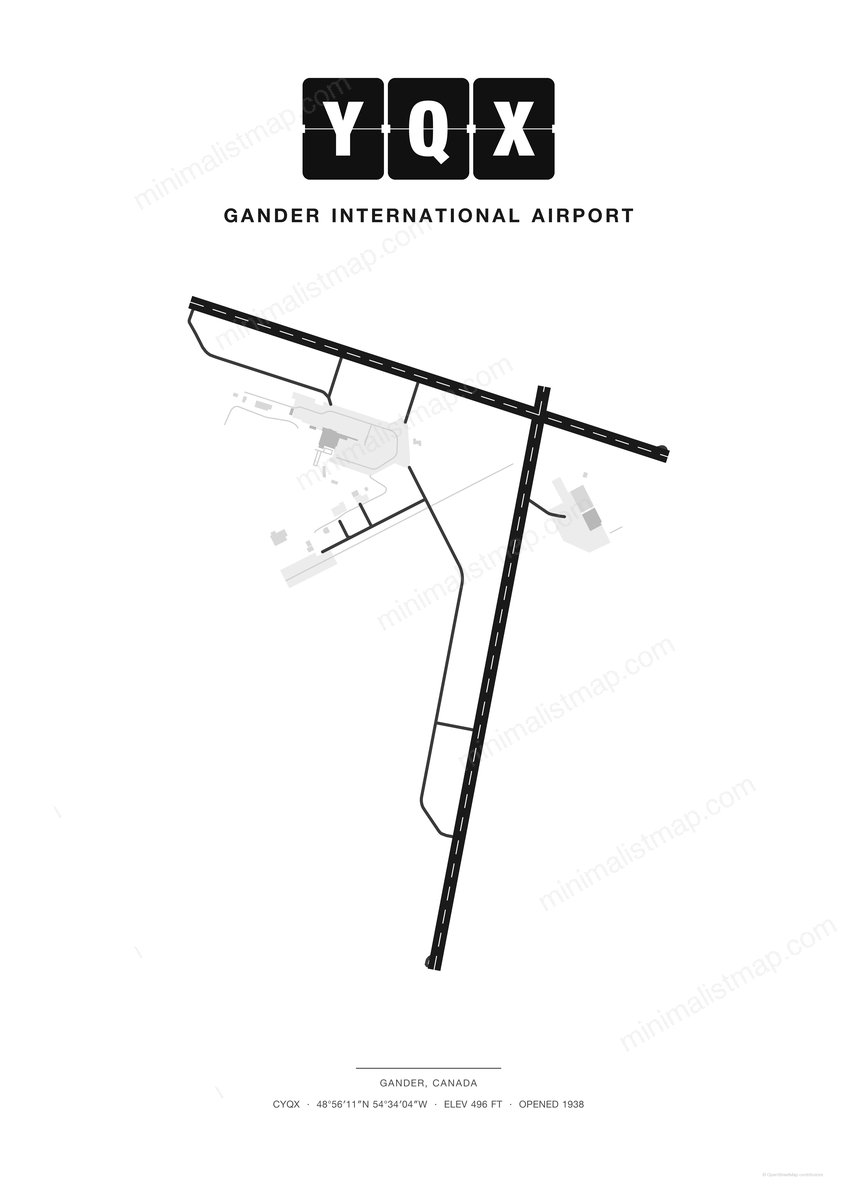 YQX Gander International Airport map poster, Classic style, minimalist black and white airport map