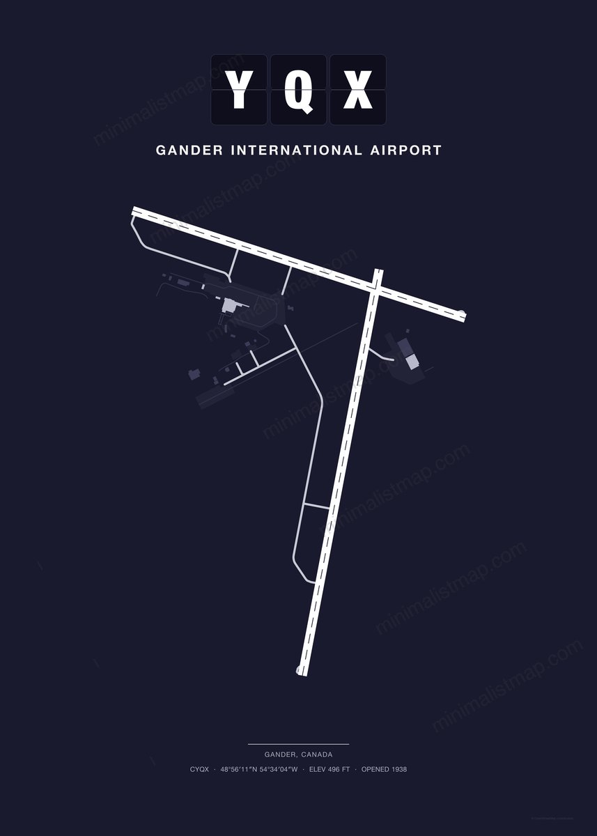 YQX Gander International Airport map poster, Dark style, minimalist navy airport map