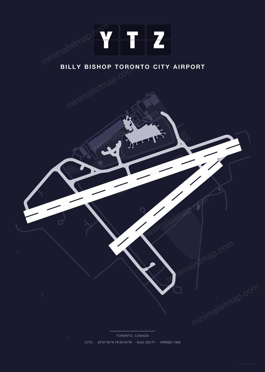 YTZ Billy Bishop Toronto City Airport map poster, Dark style, minimalist navy airport map