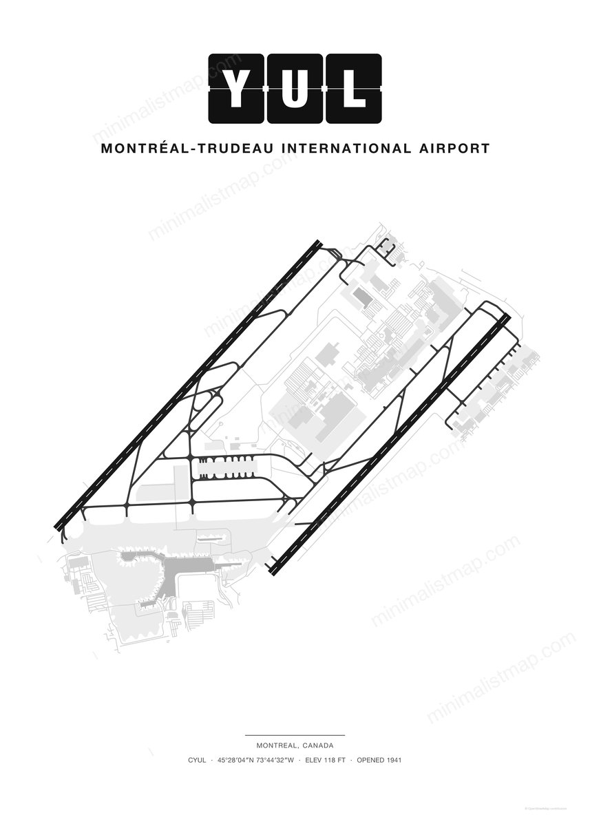 YUL Montréal-Trudeau International Airport map poster, Classic style, minimalist black and white airport map